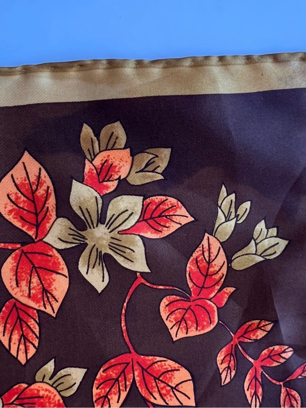 Vintage Vera Neumann Square Scarf in Brown with Orange & Gold Leaves 26” Square